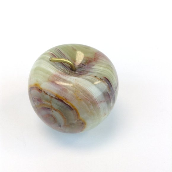 Vintage Hand Carved Polished Onyx Stone Marble Apple Paperweight Brass Stem - Picture 2 of 10